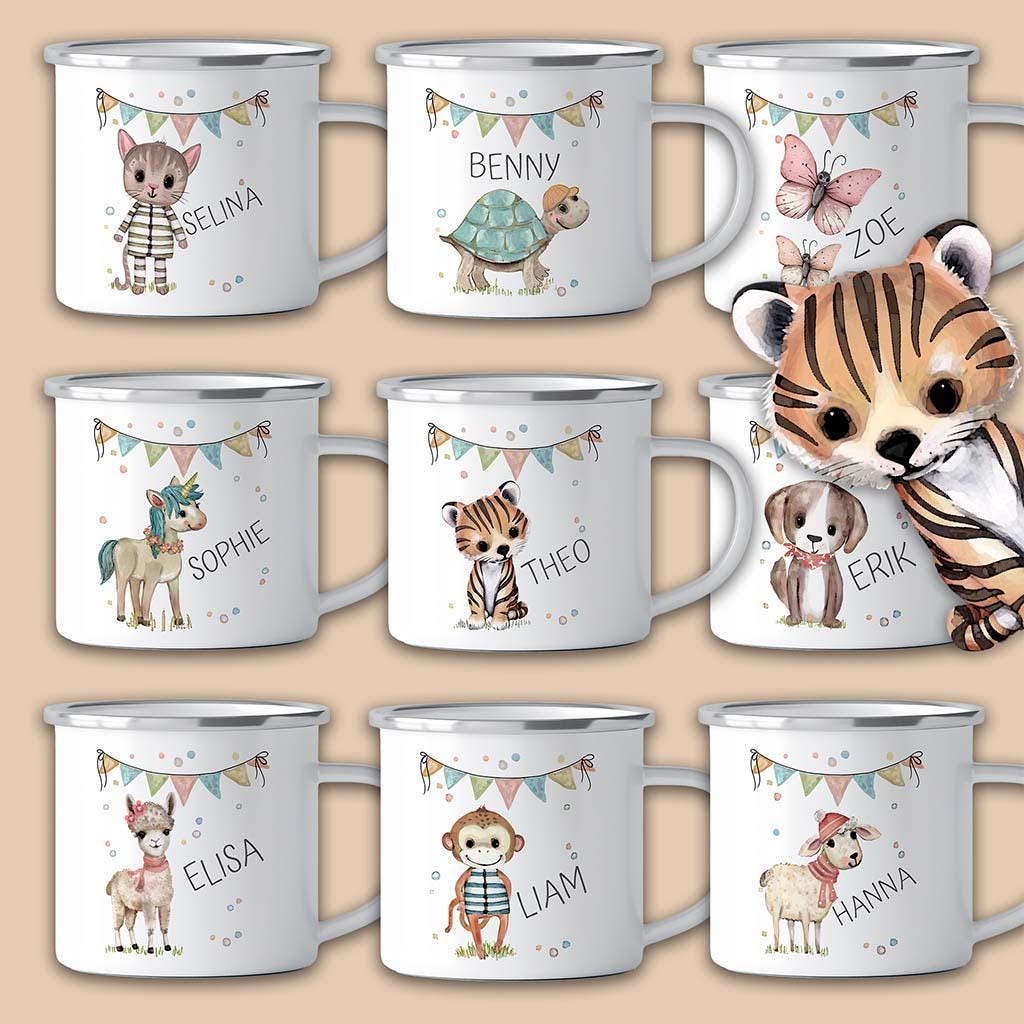 Emaille Tasse mit Namen personalisiert – Kindertassen u. Emaillebecher zum Geburtstag, Weihnachtsgeschenke Geschenk, Einhorn, Katze, Hund