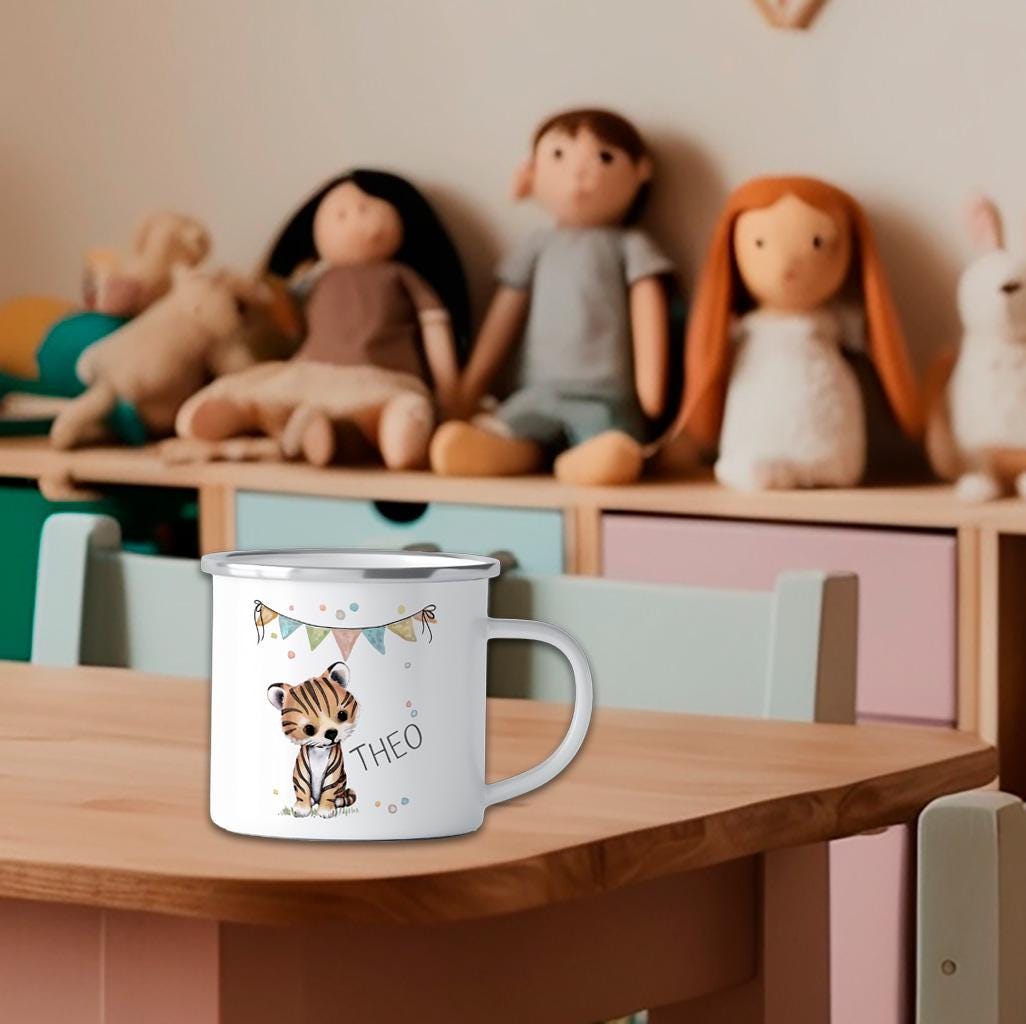 Emaille Tasse mit Namen personalisiert – Kindertassen u. Emaillebecher zum Geburtstag, Weihnachtsgeschenke Geschenk, Einhorn, Katze, Hund
