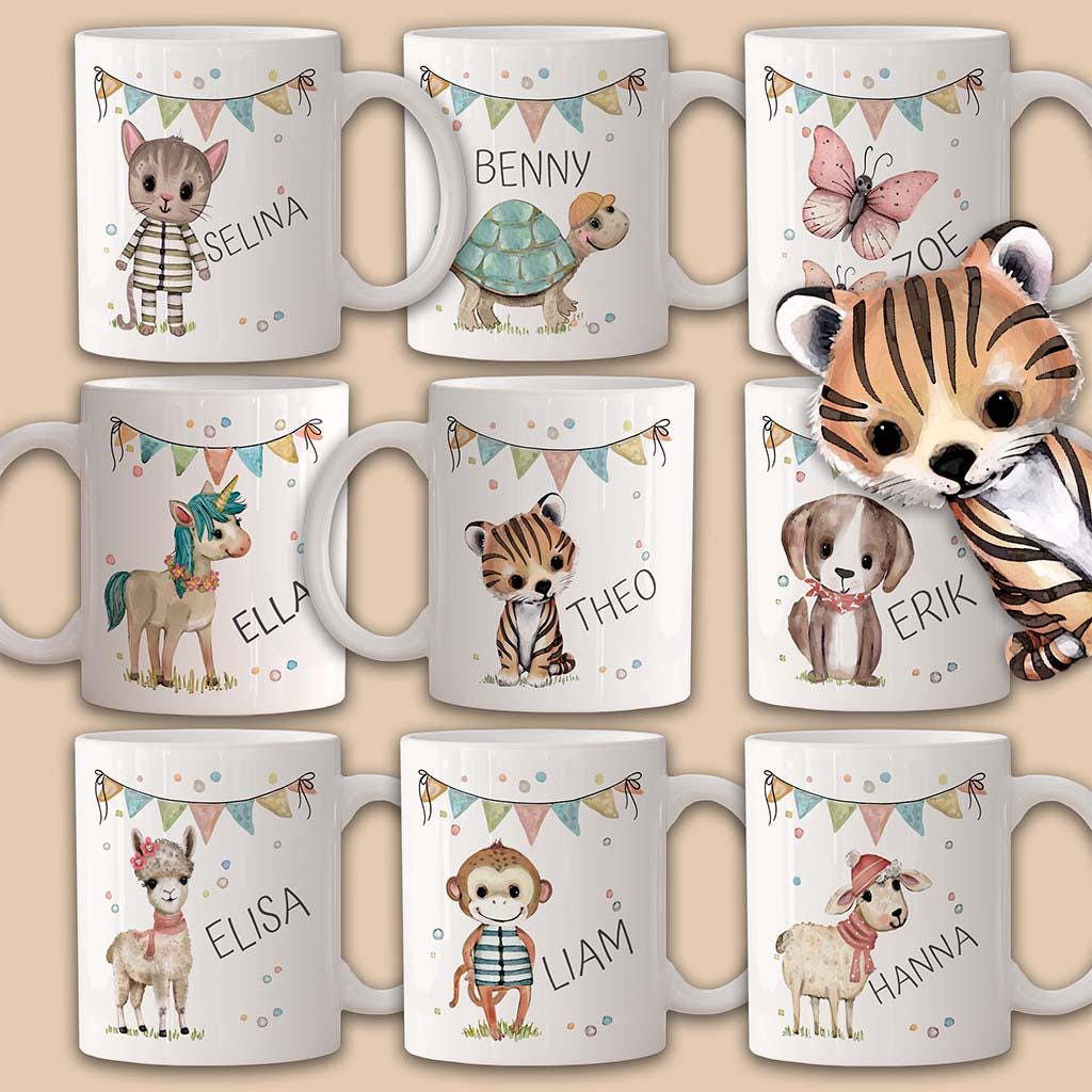 Kindertassen personalisiert - Tasse mit Namen, Geschenk zum Geburtstag, Kinder Weihnachtsgeschenke, Becher mit Katze, Einhorn & Hund Design