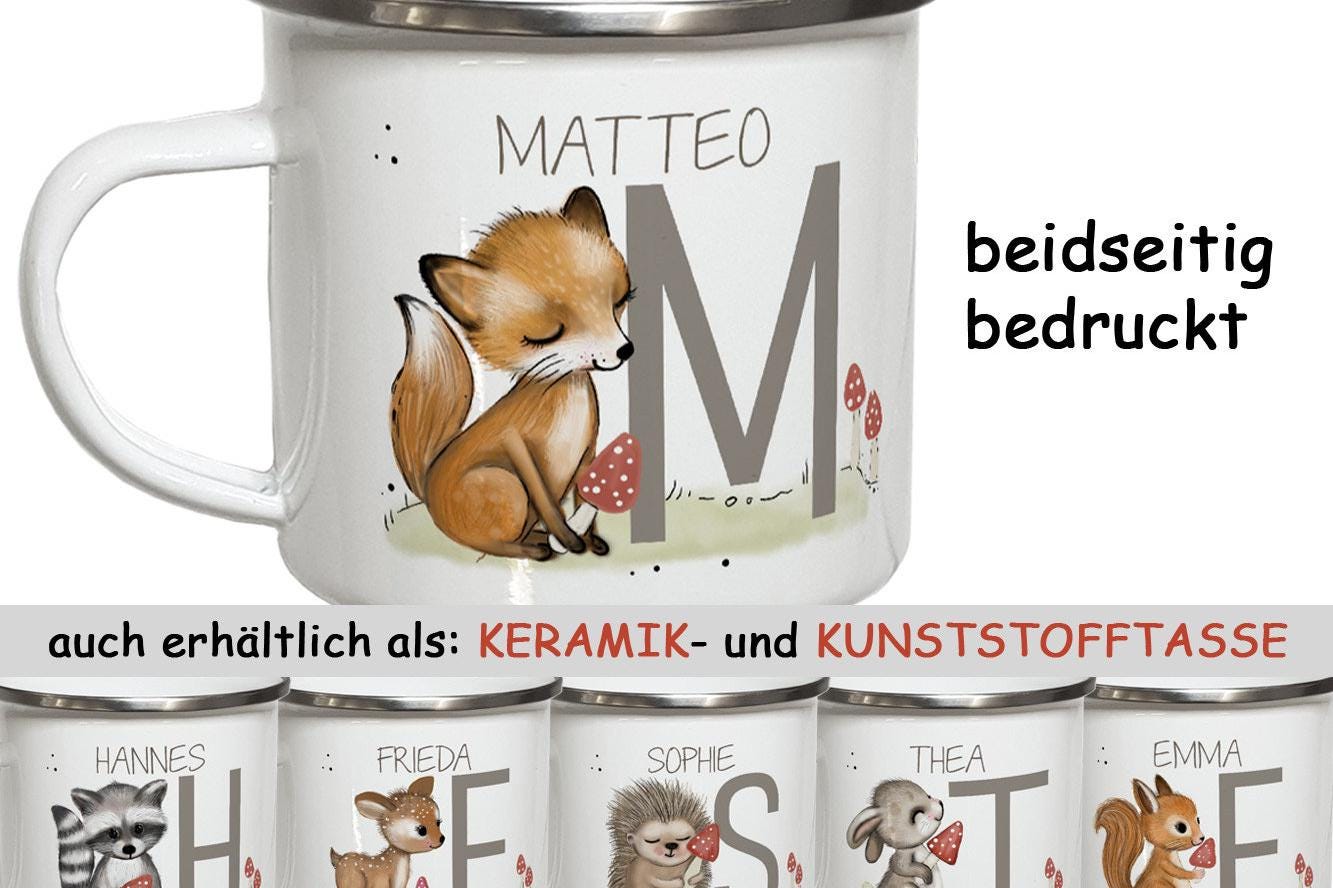 Kindertasse mit Namen Emaille Tasse Kinder Geschenke Geburtstag Weihnachtsgeschenk Kindergartentasse Waldtiere Fuchs Keramik oder Kunststoff