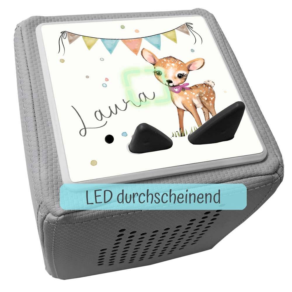 Personalisierte Toniebox Schutzfolie mit Namen, Kindergeschenke Idee, Tonies Schutz Folie Zubehör, WISCH- ABRIEBFEST, Reh mit Wimpeln