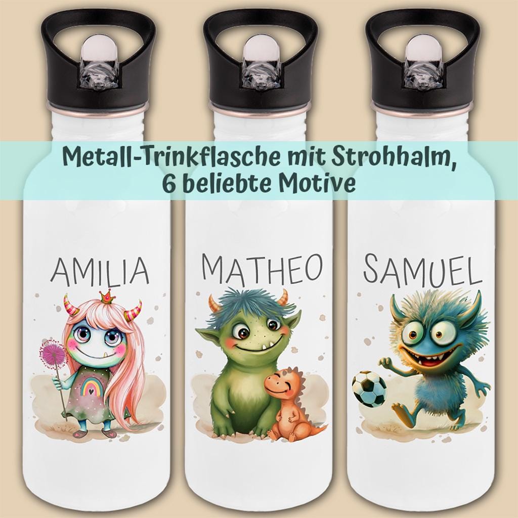 Edelstahl Trinkflasche mit Namen & Strohhalm, Kindertrinkflasche, Monster Kindergeschenke personalisiert, Kindergarten Flasche, Einschulung