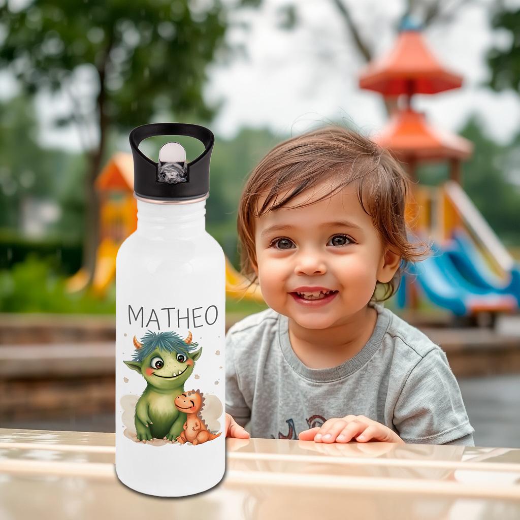 Edelstahl Trinkflasche mit Namen & Strohhalm, Kindertrinkflasche, Monster Kindergeschenke personalisiert, Kindergarten Flasche, Einschulung