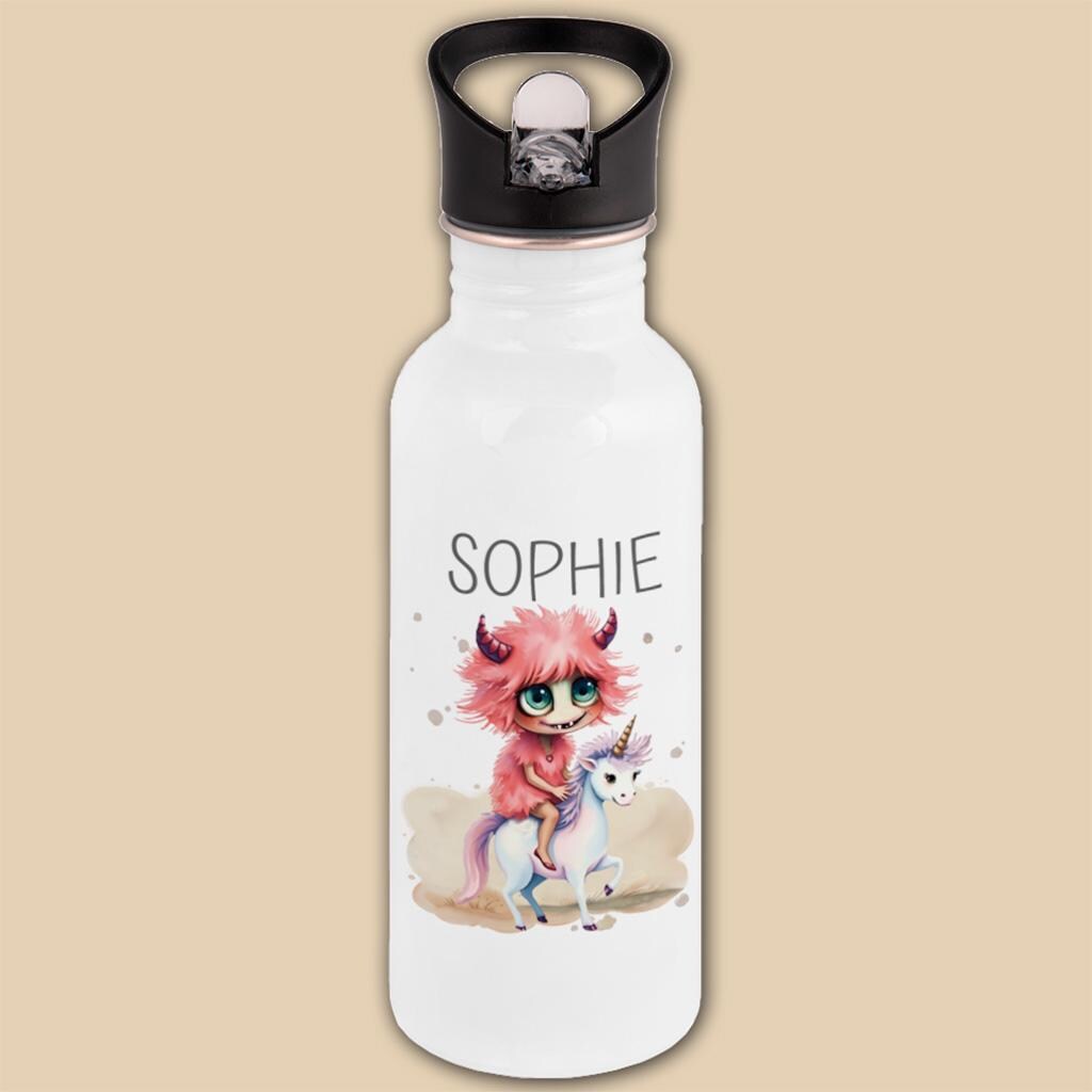 Edelstahl Trinkflasche mit Namen & Strohhalm, Kindertrinkflasche, Monster Kindergeschenke personalisiert, Kindergarten Flasche, Einschulung