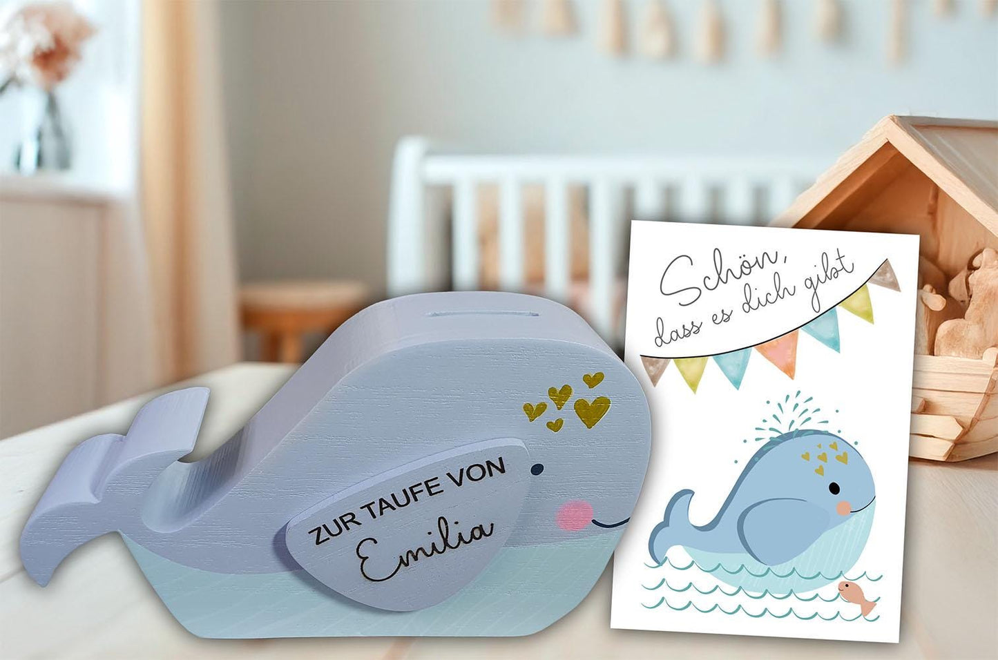 Wal Spardose aus Holz personalisiert, Geburt Geschenkidee, Sparbüchse für Kommunion & Taufgeschenk, Kinderspardose Geburtstag Wunscherfüller