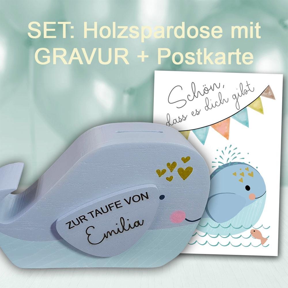 Wal Spardose aus Holz personalisiert, Geburt Geschenkidee, Sparbüchse für Kommunion & Taufgeschenk, Kinderspardose Geburtstag Wunscherfüller