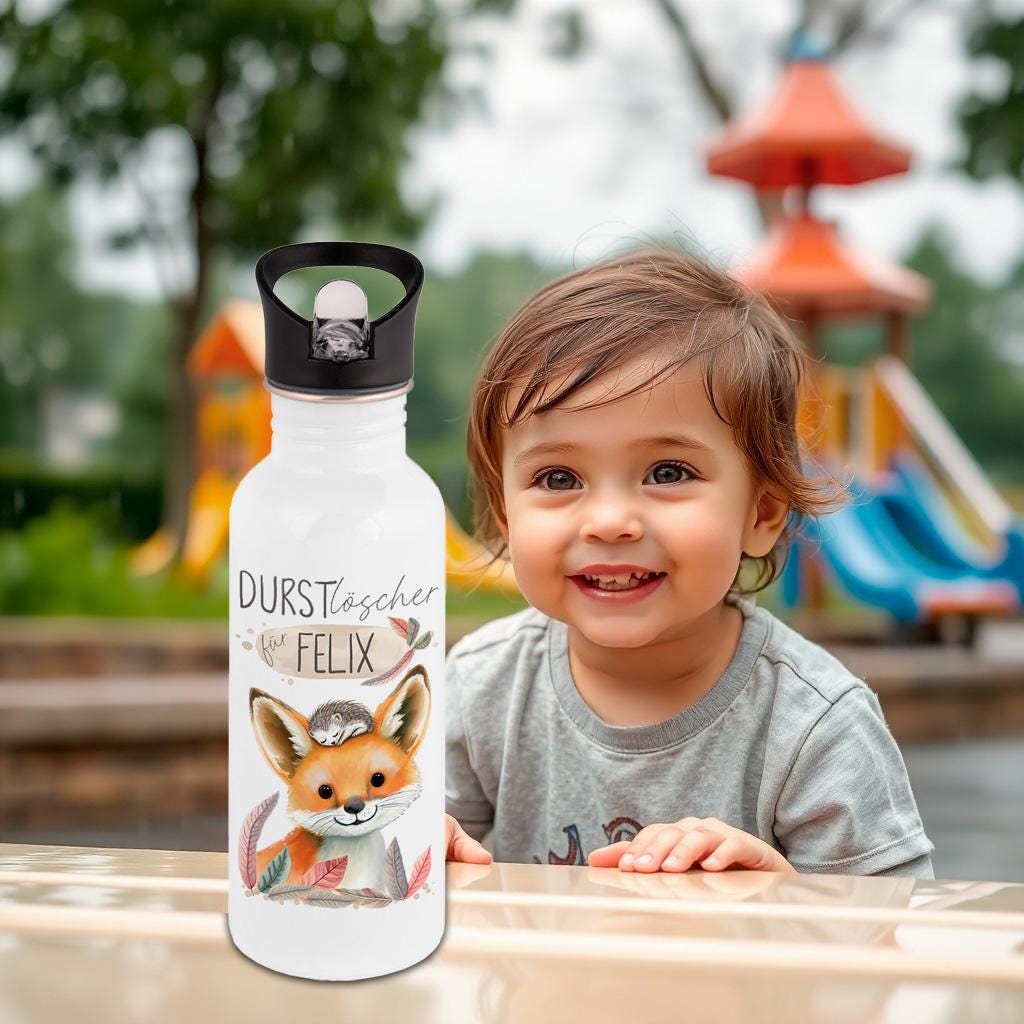 Edelstahl Trinkflasche mit Strohhalm, Personalisierte Kindergeschenke für Schulanfang, Kindergarten Flasche, Einschulung, Schulkind Geschenk