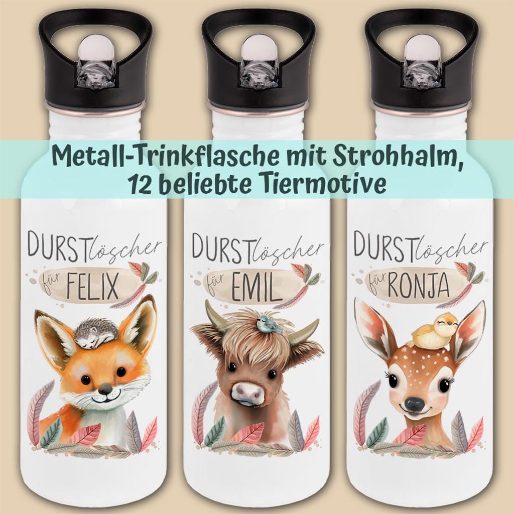 Edelstahl Trinkflasche mit Strohhalm, Personalisierte Kindergeschenke für Schulanfang, Kindergarten Flasche, Einschulung, Schulkind Geschenk