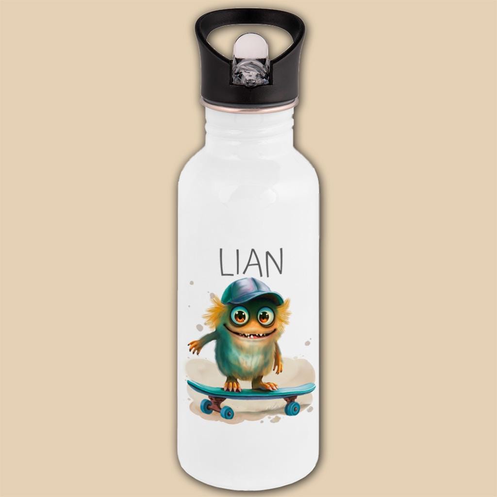 Edelstahl Trinkflasche mit Namen & Strohhalm, Kindertrinkflasche, Monster Kindergeschenke personalisiert, Kindergarten Flasche, Einschulung