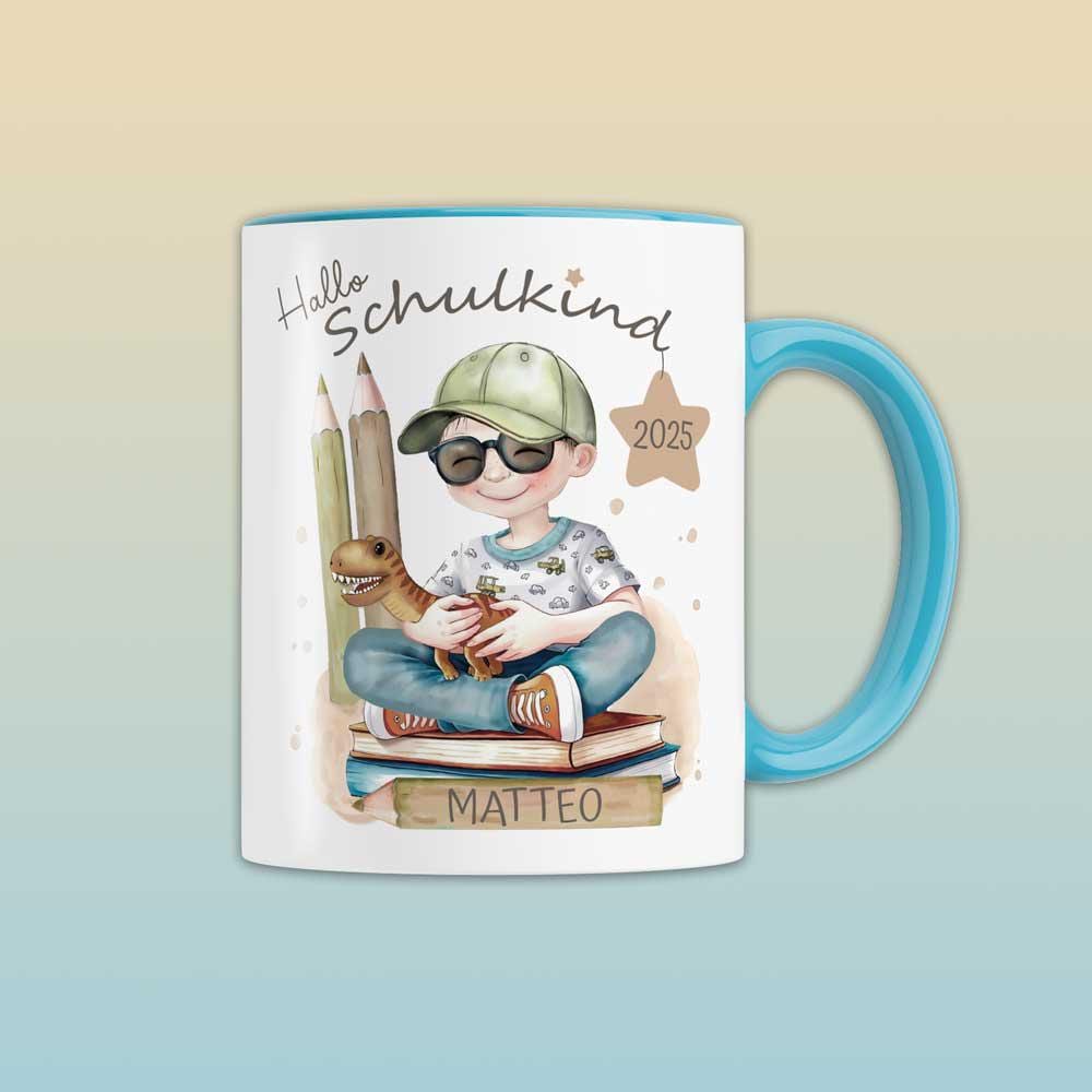 Schulanfang & Einschulung Geschenk für Jungen und Mädchen – Schulkind Tasse personalisiert | Einhorn Geschenkidee für Schultüte, Dino Motiv