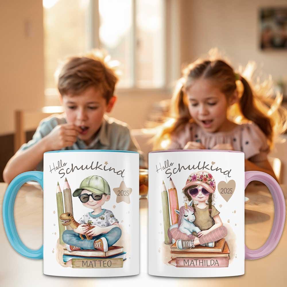 Schulanfang & Einschulung Geschenk für Jungen und Mädchen – Schulkind Tasse personalisiert | Einhorn Geschenkidee für Schultüte, Dino Motiv
