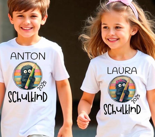 Personalisiertes Schulkind-Tshirt | Einzigartiges Geschenk für Schultüte & Einschulung | Schulanfang, Monster Motiv für Jungen und Mädchen