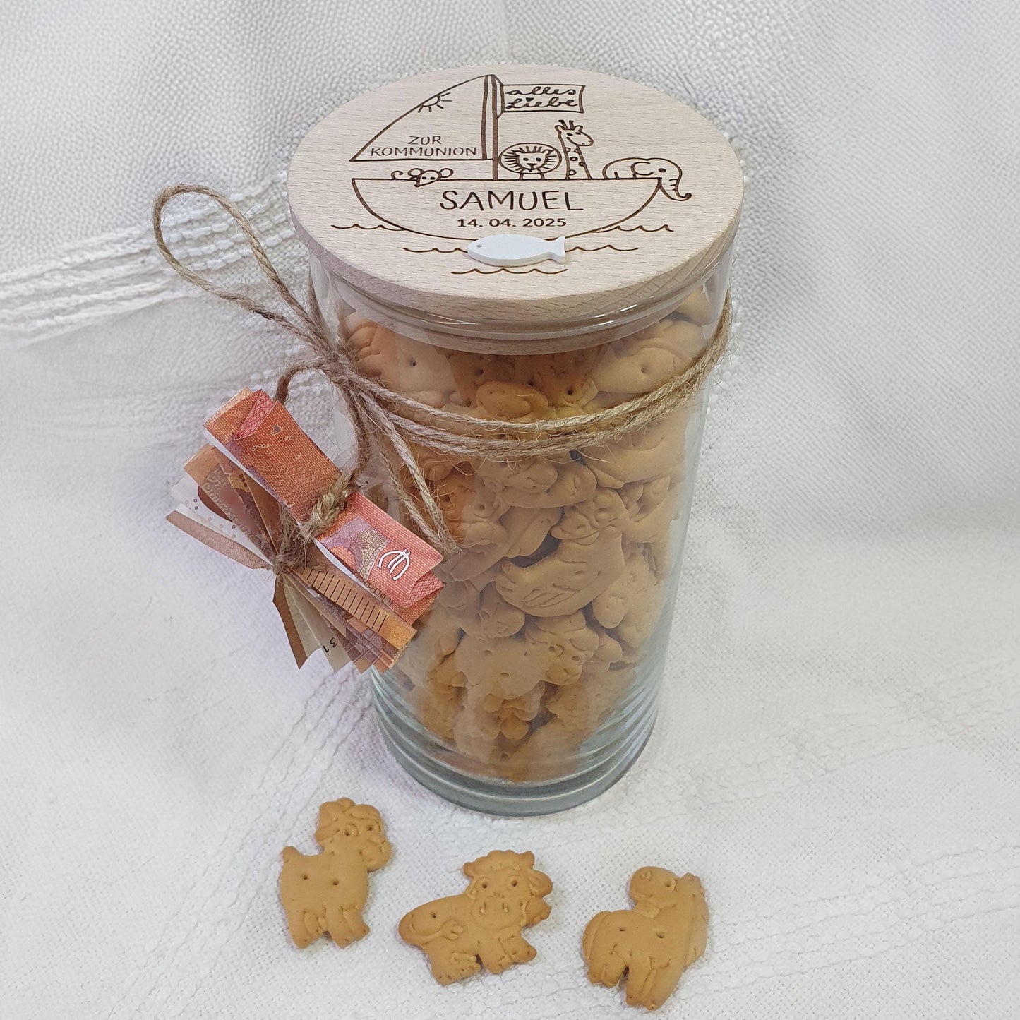 Kommunion Geldgeschenk, Babygeschenk zur Geburt & Taufe, Personalisiertes Vorratsglas mit Holzdeckel und Gravur, Konfirmation Geschenkidee