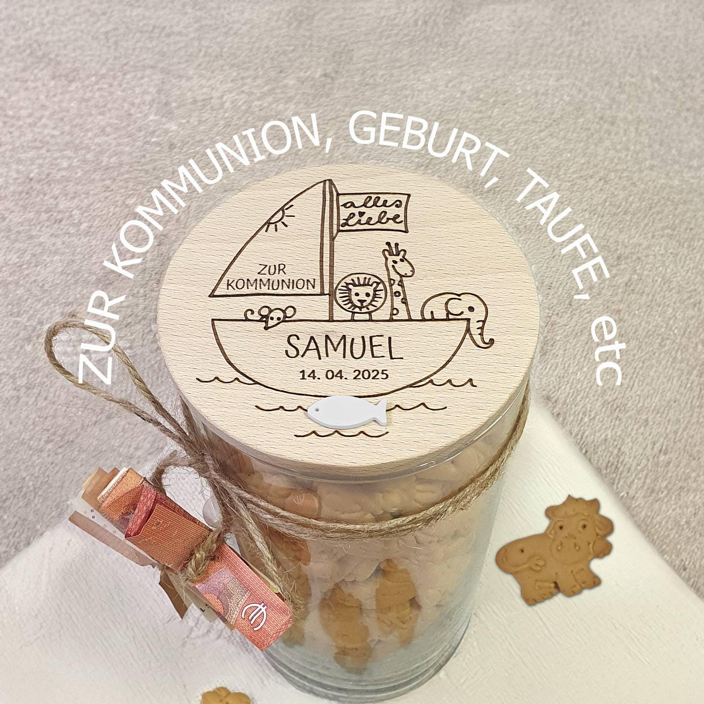 Kommunion Geldgeschenk, Babygeschenk zur Geburt & Taufe, Personalisiertes Vorratsglas mit Holzdeckel und Gravur, Konfirmation Geschenkidee