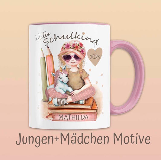 Schulanfang & Einschulung Geschenk für Jungen und Mädchen – Schulkind Tasse personalisiert | Einhorn Geschenkidee für Schultüte, Dino Motiv