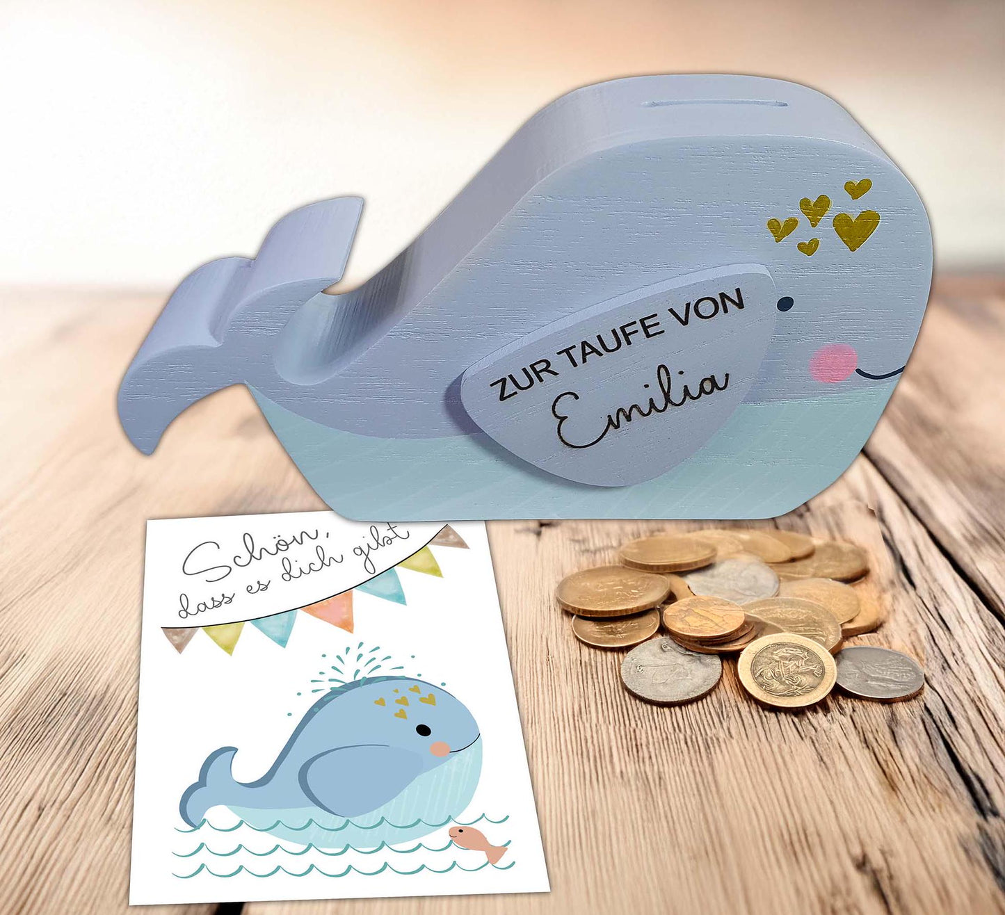 Wal Spardose aus Holz personalisiert, Geburt Geschenkidee, Sparbüchse für Kommunion & Taufgeschenk, Kinderspardose Geburtstag Wunscherfüller