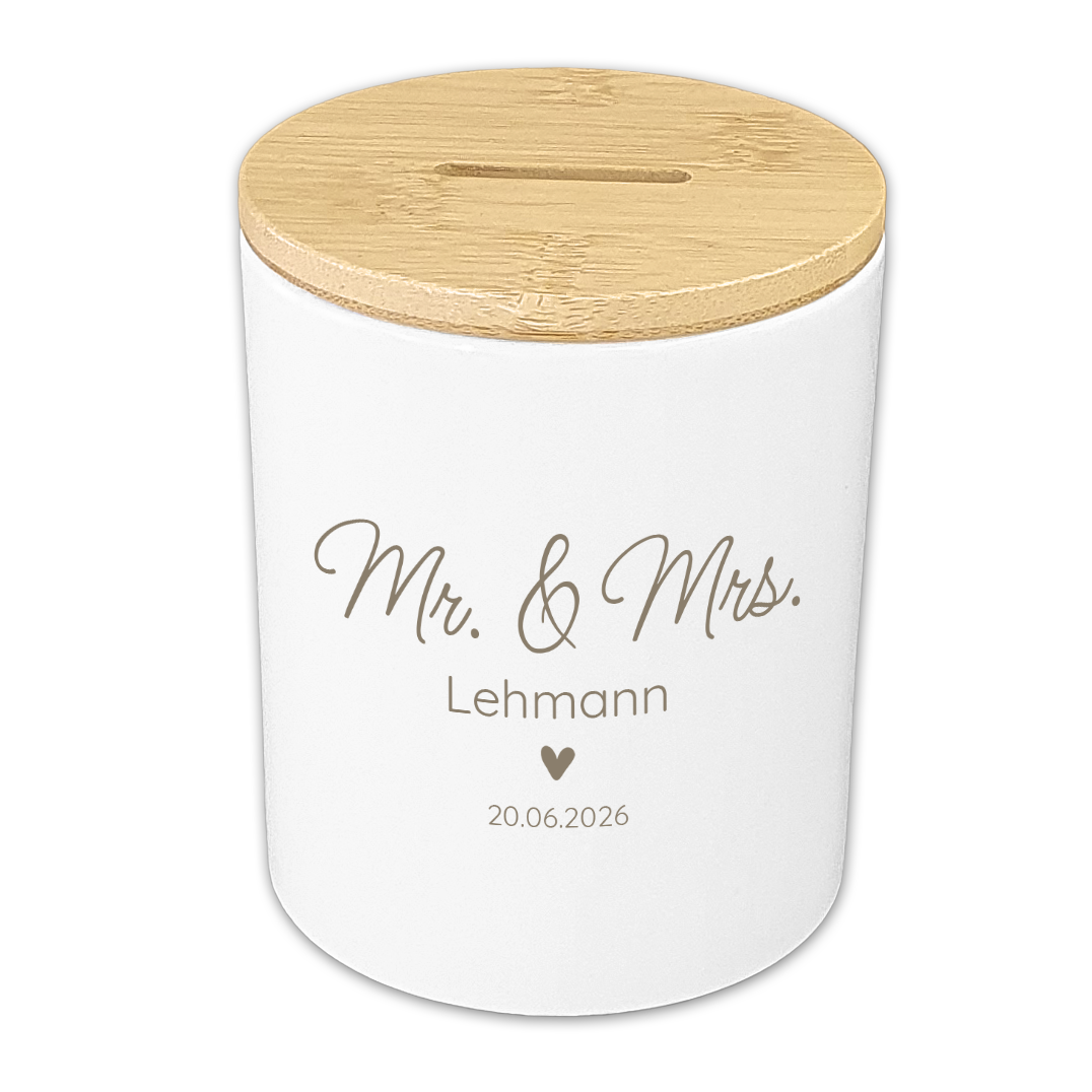 Personalisierte Hochzeits-Spardose "Minimalist Design" aus Keramik & Holz
