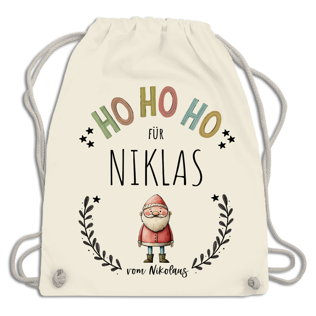Nahaufnahme des hochwertigen Baumwollstoffs und des Kordelzugs eines personalisierten Geschenksäckchens