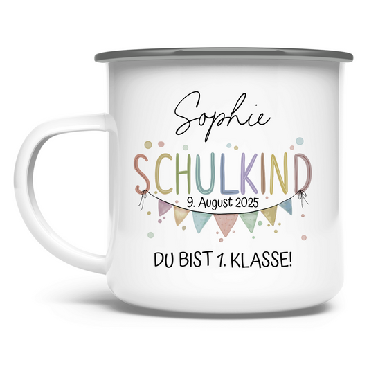 Personalisierte Emaille-Tasse zum Schulanfang mit Wunschnamen