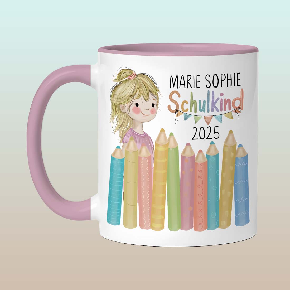Personalisierte Tasse zur Einschulung für Mädchen mit Wunschnamen in Rosa
