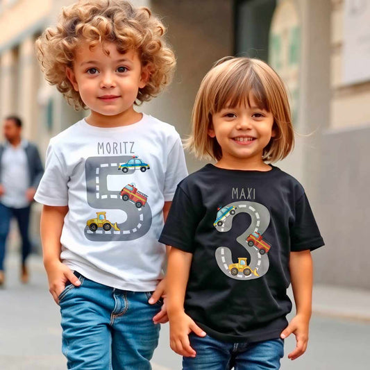 personalisiertes T-Shirt mit Name und Alter und Fahrzeug Motiven, Feuerwehr, Polizeiauto und Bagger