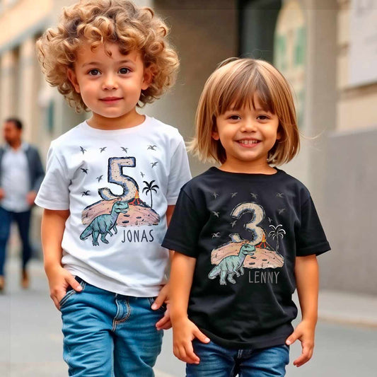 Personalisiertes Geburtstagsshirt für Jungen – T-Shirt mit Namen & Alter | Dino Design | Geschenk für 3-6 Jahre