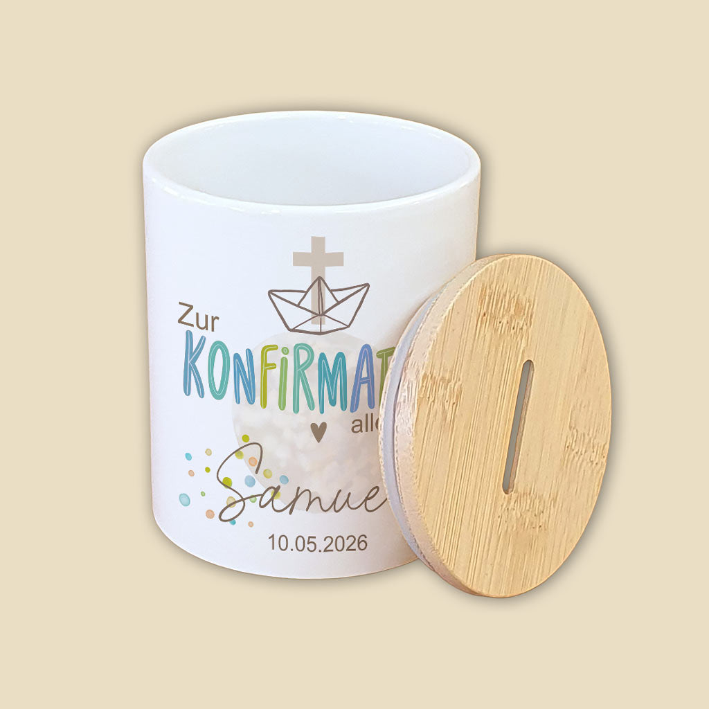 Personalisierte Konfirmations-Spardose (Keramik & Holz)