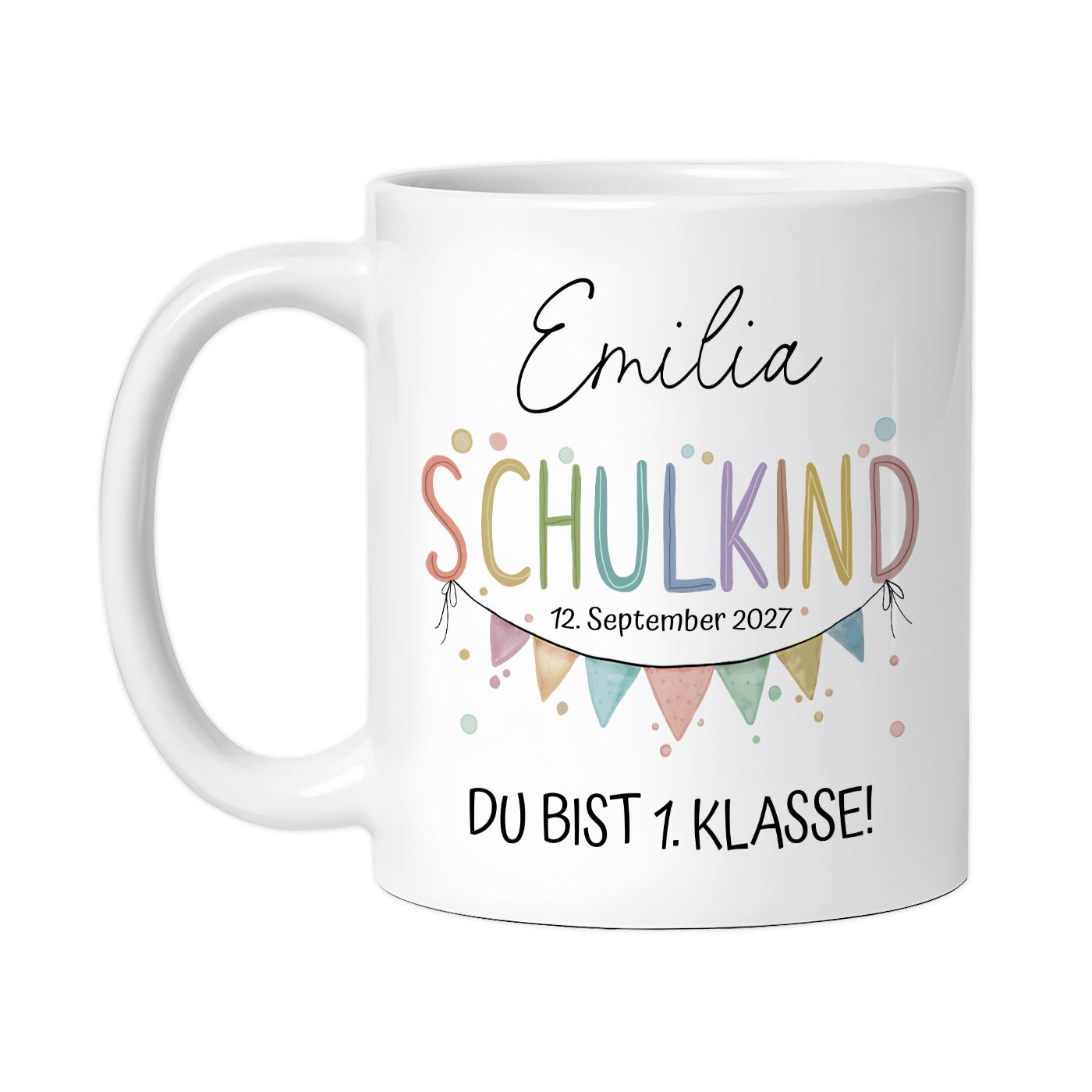 Personalisierte "Schulkind" Tasse mit Aquarell-Wimpelkette (Rosa/Blau/Weiß)