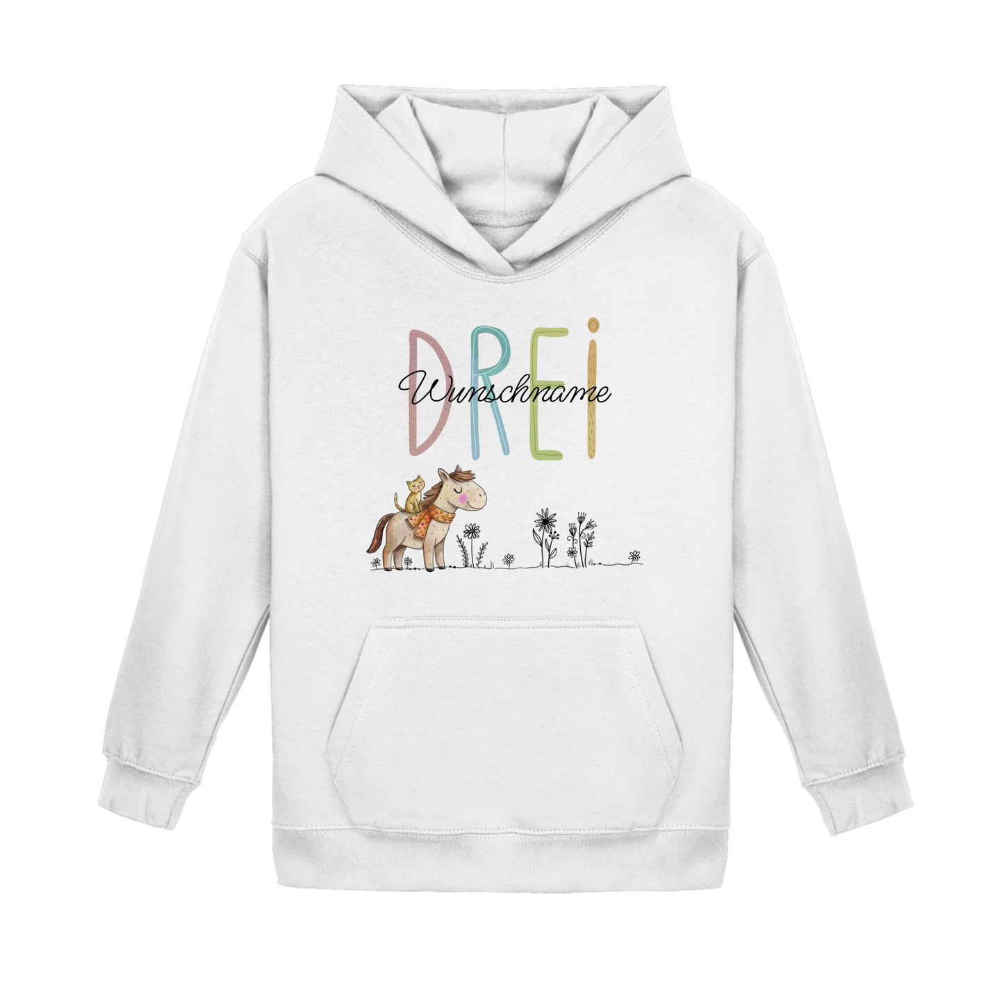 Kinder-Hoodie "Pferd & Katze" – Personalisiert mit Name & Zahl