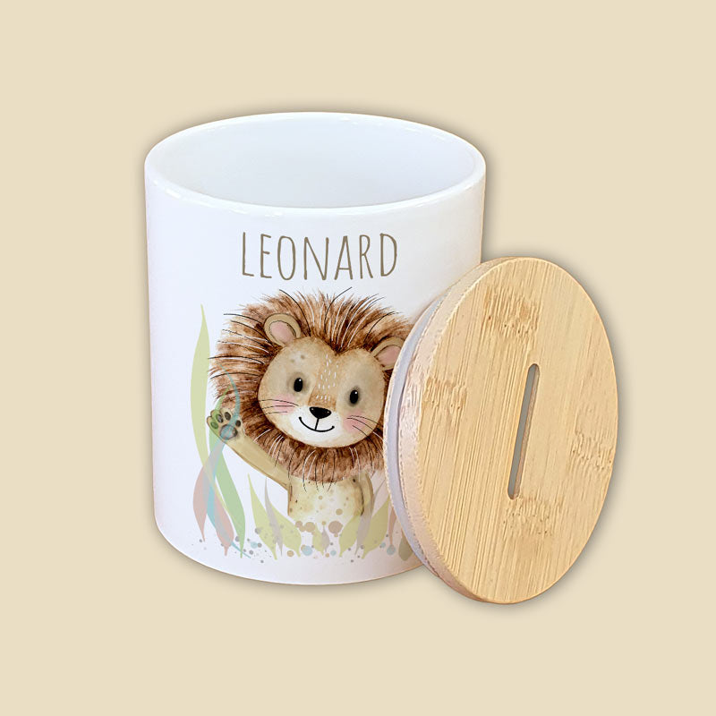 Personalisierte Spardose "Aquarell-Tiere" | Keramik mit Bambusdeckel