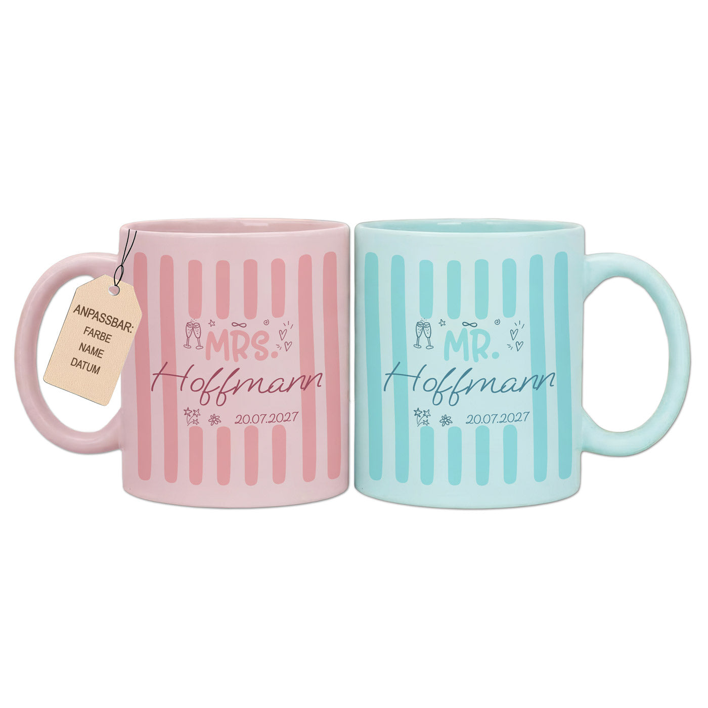 Personalisiertes Mr & Mrs Tassenset mit Nachnamen und Hochzeitsdatum