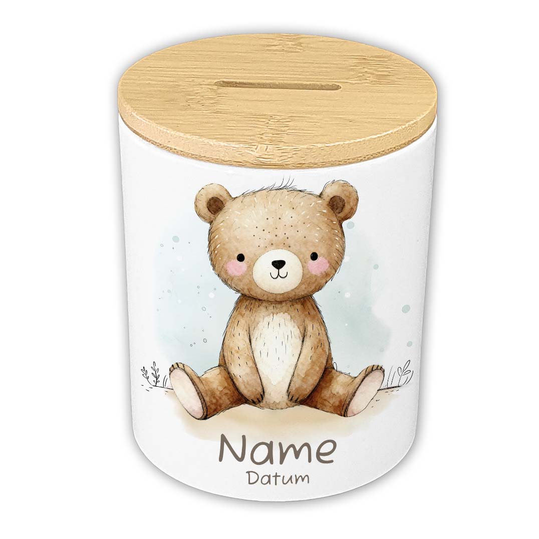 Personalisierte Spardose Keramik Bambusdeckel & Aquarell Tiere