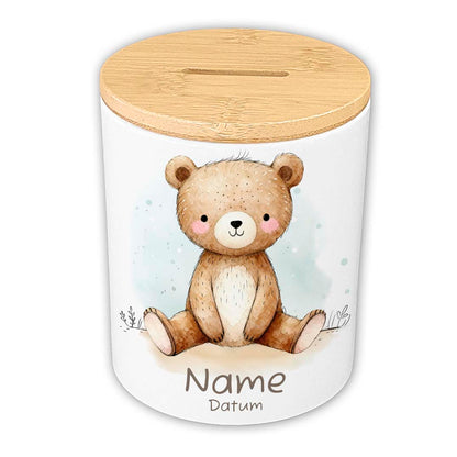 Personalisierte Spardose Keramik Bambusdeckel & Aquarell Tiere