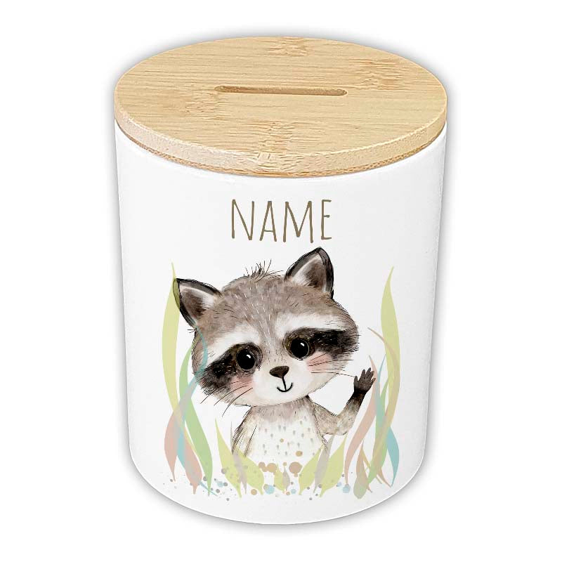 Personalisierte Spardose "Aquarell-Tiere" | Keramik mit Bambusdeckel