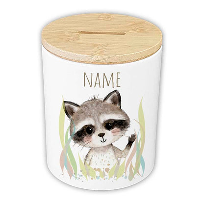 Personalisierte Spardose "Aquarell-Tiere" | Keramik mit Bambusdeckel