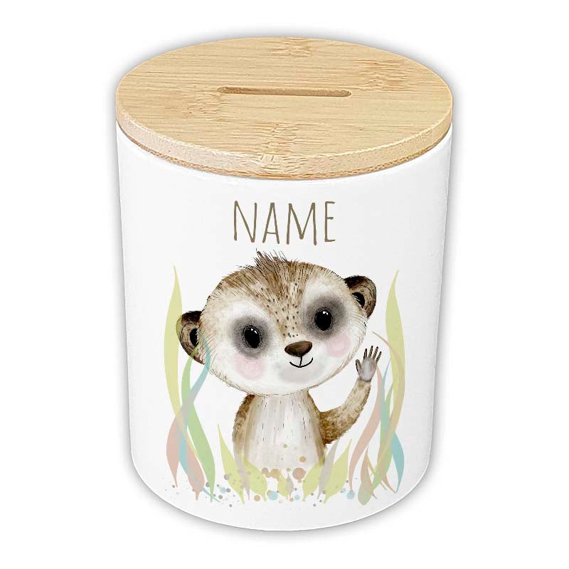 Personalisierte Spardose "Aquarell-Tiere" | Keramik mit Bambusdeckel