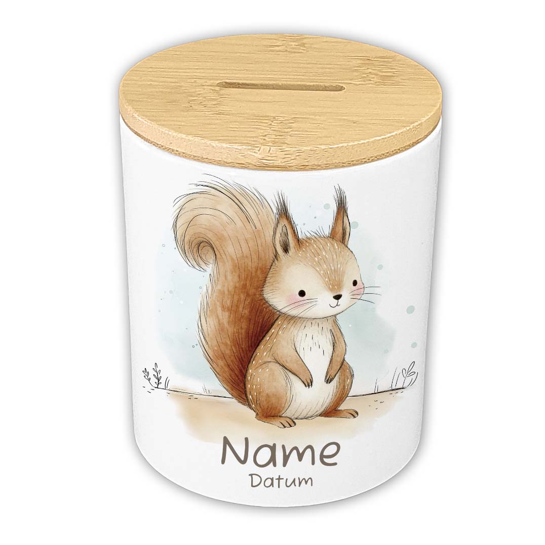 Personalisierte Spardose Keramik Bambusdeckel & Aquarell Tiere