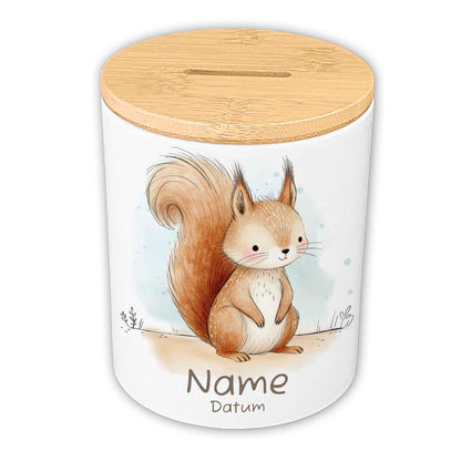 Personalisierte Spardose Keramik Bambusdeckel & Aquarell Tiere