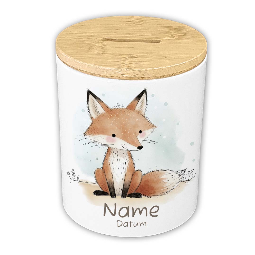 Personalisierte Spardose Keramik Bambusdeckel & Aquarell Tiere