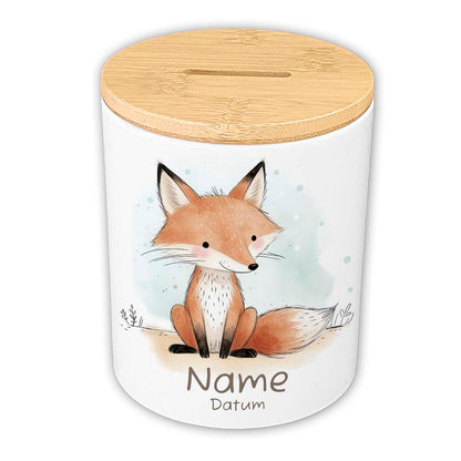 Personalisierte Spardose Keramik Bambusdeckel & Aquarell Tiere