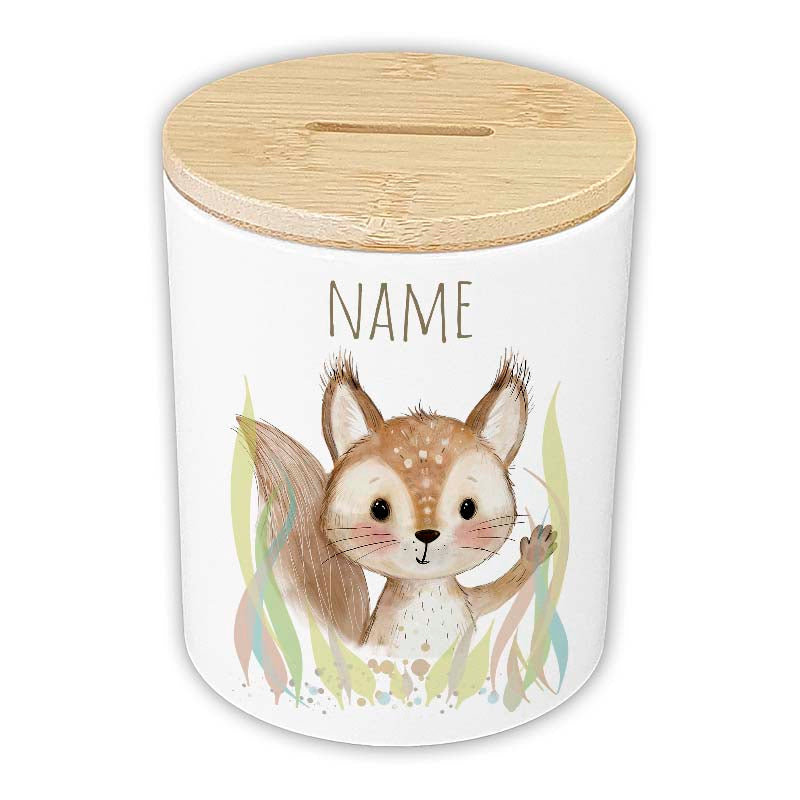Personalisierte Spardose "Aquarell-Tiere" | Keramik mit Bambusdeckel