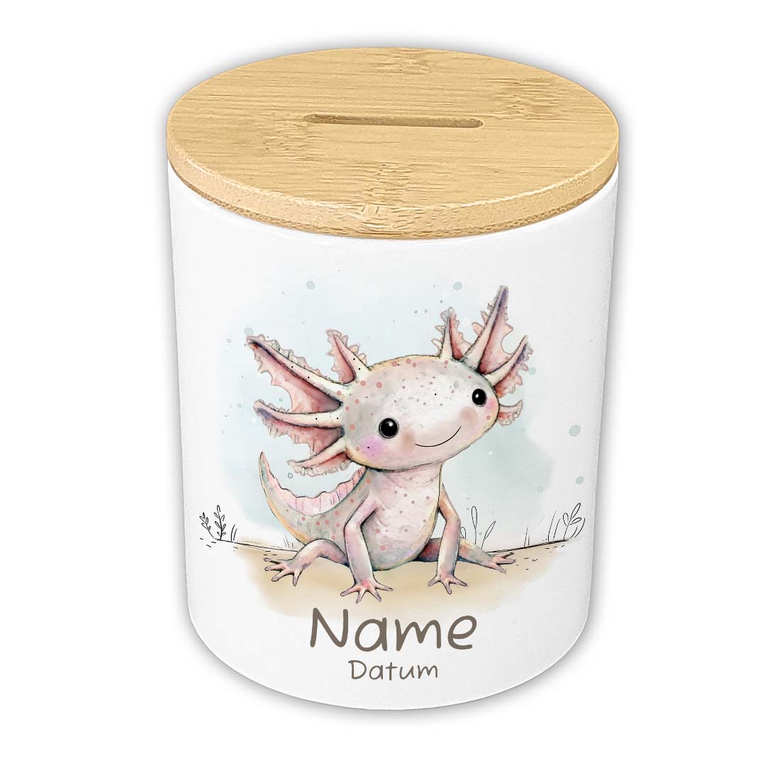 Personalisierte Spardose Keramik Bambusdeckel & Aquarell Tiere