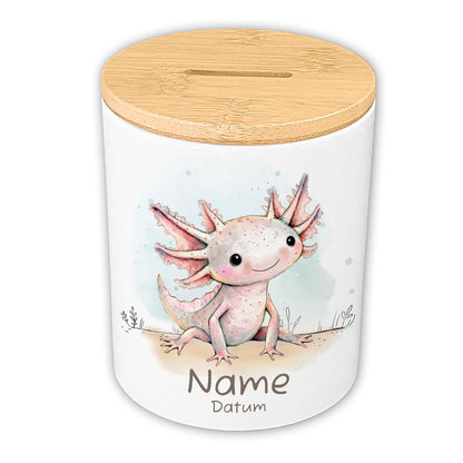 Personalisierte Spardose Keramik Bambusdeckel & Aquarell Tiere