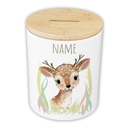 Personalisierte Spardose "Aquarell-Tiere" | Keramik mit Bambusdeckel