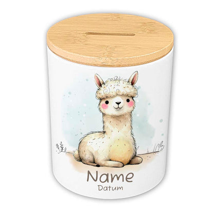 Personalisierte Spardose Keramik Bambusdeckel & Aquarell Tiere