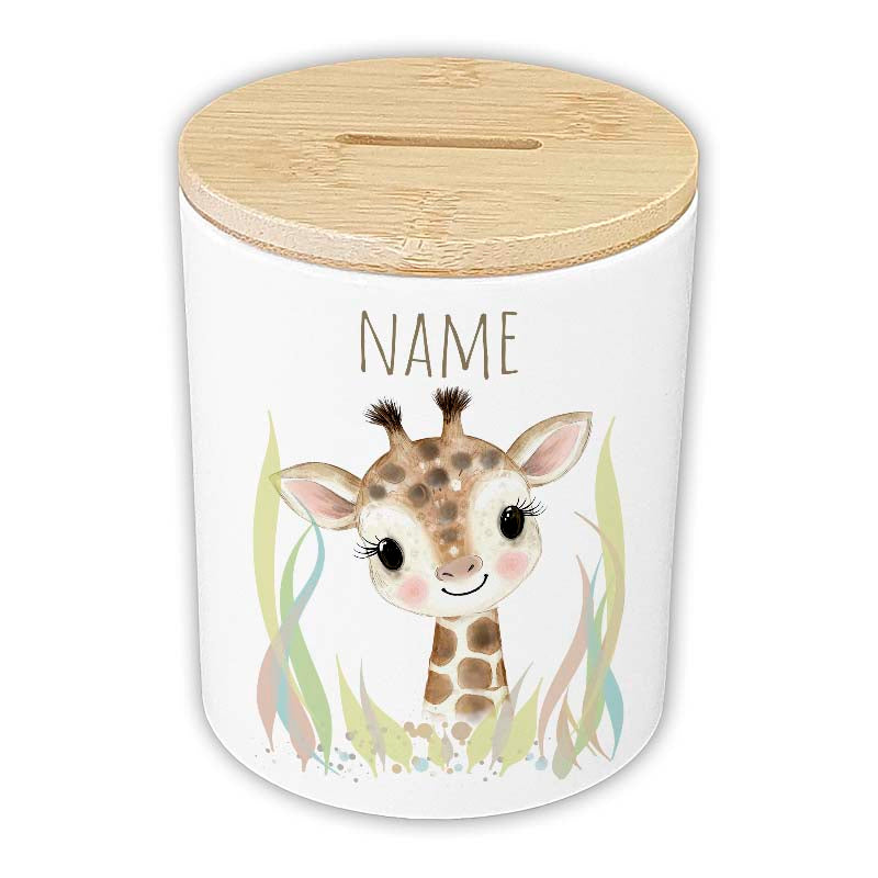 Personalisierte Spardose "Aquarell-Tiere" | Keramik mit Bambusdeckel