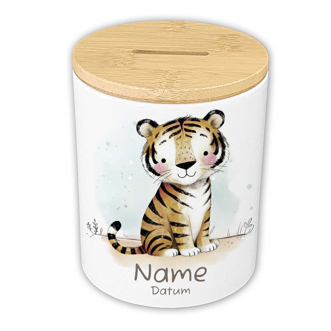 Personalisierte Spardose Keramik Bambusdeckel & Aquarell Tiere