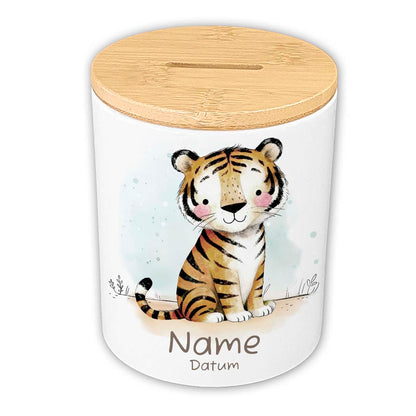 Personalisierte Spardose Keramik Bambusdeckel & Aquarell Tiere