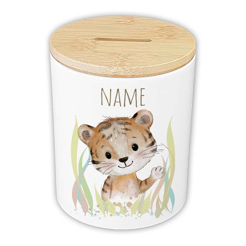 Personalisierte Spardose "Aquarell-Tiere" | Keramik mit Bambusdeckel