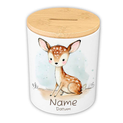 Personalisierte Spardose Keramik Bambusdeckel & Aquarell Tiere